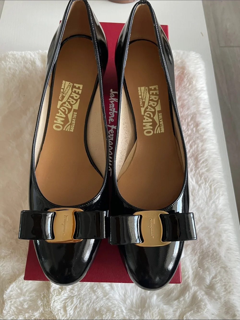 Brand New!! Salvatore Ferragamo Black Patent Vara Bow Flats with Gold Accent